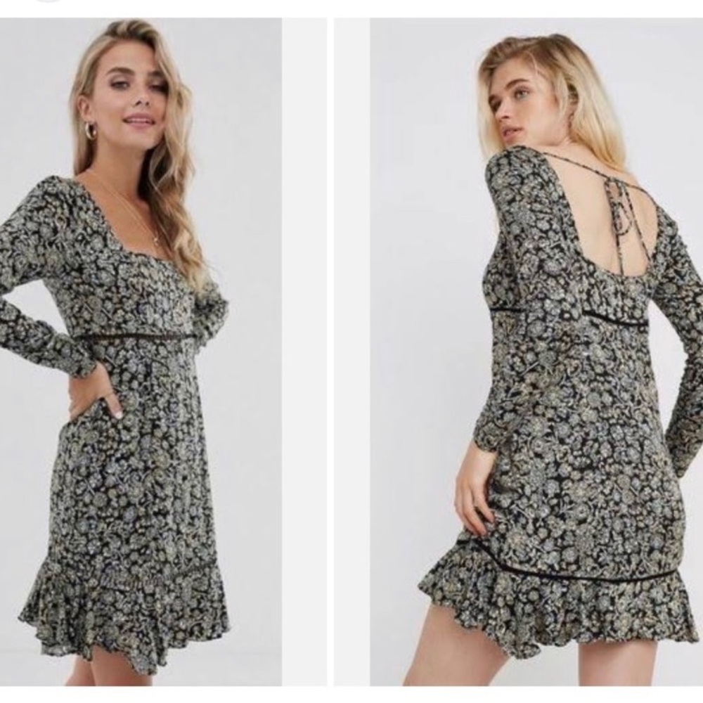 Free People long sleeve black mini dress with ruffle sleeves size 6 NWT